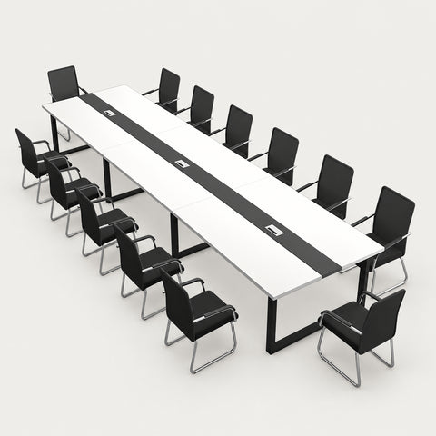 Rectangular Conference Table with Cable Management, Dual-Tone & Lumbar Support - 236"L x 59"W x 30"H / Black + White / (Conference Desk+ Chairs*14) Set