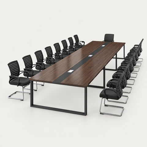 Rectangular Conference Table with Cable Management, Dual-Tone & Lumbar Support - 94"L x 47"W x 29"H / Deep Wood + Black / (Conference Desk+ Chairs*8) Set