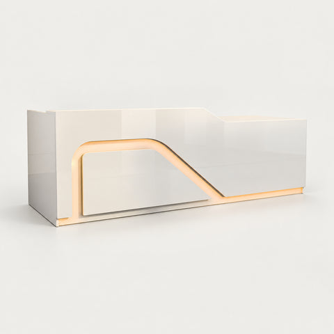 Curved Reception Desk 79-126 in Wide with LED Lighting, Lockable & Keyboard Tray - 79" L x 24" W x 39" H / White / Inside View - Right Side Higher
