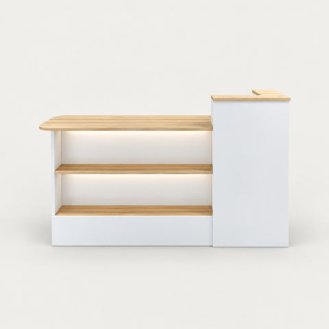 Curved Reception Desk 39-59 in Wide with Keyboard Tray, Lockable & Cable Management - 32" L × 20" W × 39" H / Natural / Higher Left Side