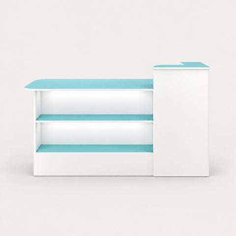 Curved Reception Desk 39-59 in Wide with Keyboard Tray, Lockable & Cable Management - 32" L × 20" W × 39" H / Blue / Higher Left Side