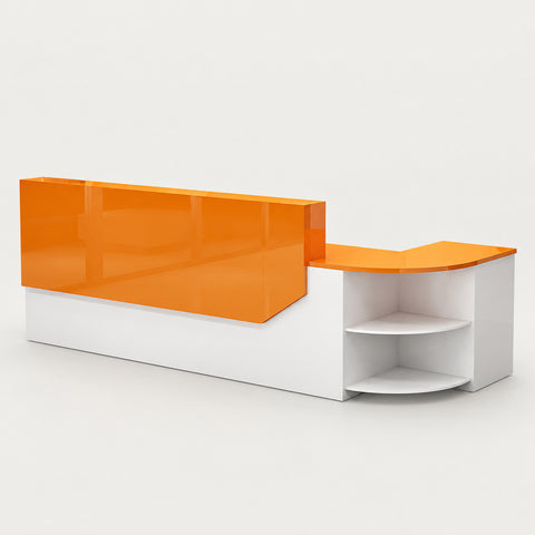 L-Shaped Reception Desk 55-126 in Wide with Dual-Tone, Keyboard Tray & Lumbar Support - 110" L x 39" W x 39" H / White + Orange / Rounded Corner on the Left