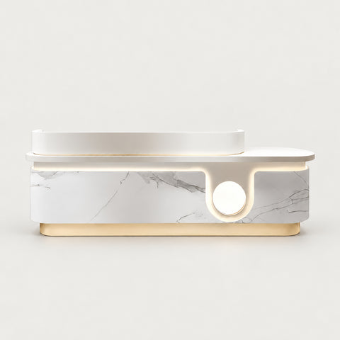 Curved Reception Desk 39-118 in Wide with Marble Top & Lumbar Support for Salon - 59" L x 24" W x 39" H / Marble + White