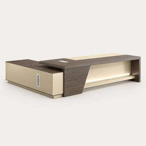 Modern Executive Desk 71-126 in Wide with Side Storage & Lockable for Home Office - 94" L x 63" W x 30" H（Desk） / Dark Walnut + Khaki / Cabinet On The Right（Viewed from inside）