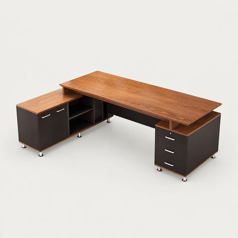 Modern Executive Desk with Side Storage & Lumbar Support for Home Office - 94" L × 63" W × 31" H / Side Cabinet on the Left / Oak + Dark Walnut