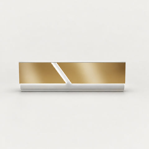 Modern Reception Desk with Stainless Steel, Lumbar Support & Transaction Counter - 79" L x 24" W x 39" H / White + Gold stainless steel