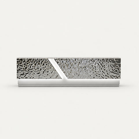 Modern Reception Desk with Stainless Steel, Lumbar Support & Transaction Counter - 79" L x 24" W x 39" H / White + Ripple stainless steel
