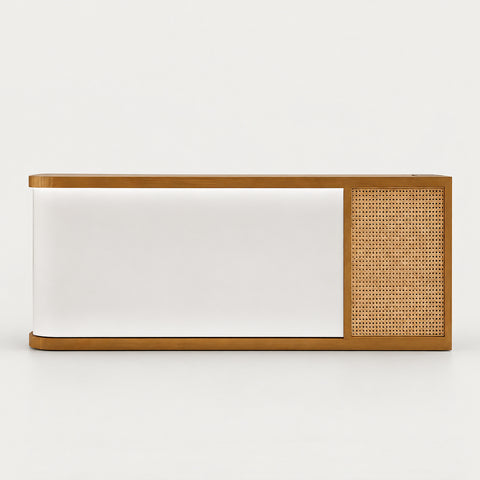 Curved Reception Desk 47-157 in Wide with LED Lighting & Transaction Counter for Salon - 118" L x 24" W x 39" H / White + Natural Wood