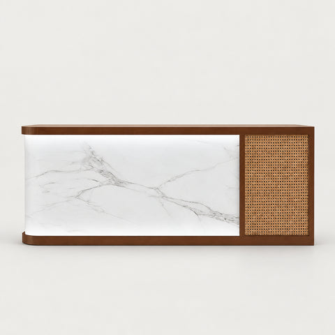 Curved Reception Desk 47-157 in Wide with LED Lighting & Transaction Counter for Salon - 87" L x 24" W x 39" H / Fish Belly White + Coffee Wood Grain