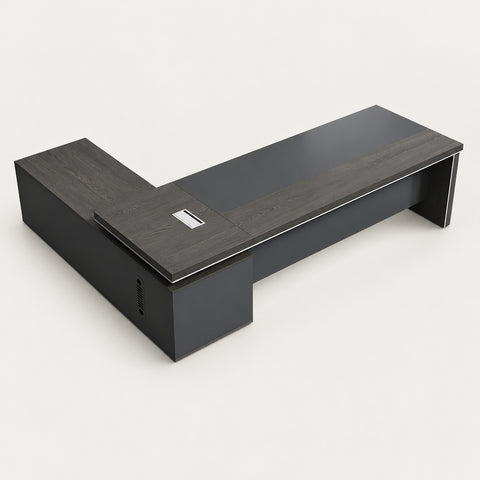 Modern Executive Desk with Dual-Tone, Cable Management & Side Storage for Home Office - 71" L x 63" W x 30" H / Desk / Oak / Desk / Side Cabinet on the Right