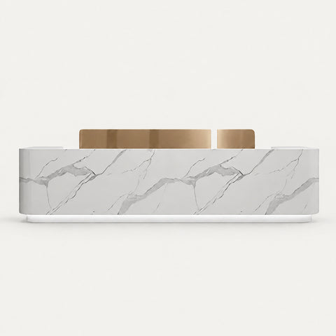 Retail Reception Desk 31-87 in Wide with Stainless Steel, LED Lighting & File Drawers - 71" L x 24" W x 39" H / Marble White + Gold