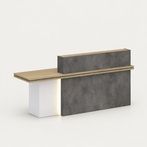 Modern Reception Desk 71-94 in Wide with LED Lighting, Lockable & Loft for Office Lobby - 82" L x 26" W x 41" H / Burnt stone / Higher Left Side/Cadi Wood