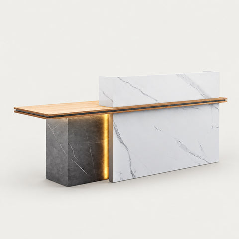 Modern Reception Desk 71-94 in Wide with LED Lighting, Lockable & Loft for Office Lobby - 82" L x 26" W x 41" H / White stone / Higher Left Side/Cadi Wood