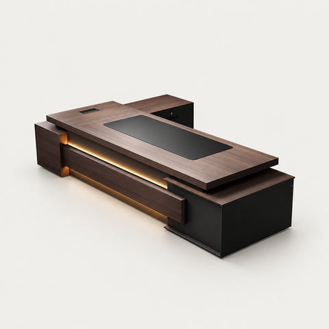 Modern Executive Desk with Cable Management, Side Storage & Lockable for Home Office - 118" L x 63" W x 30" H (Desk) / Red Oak + Dark Gray / Double Cabinet/Side Cabinet on the Right