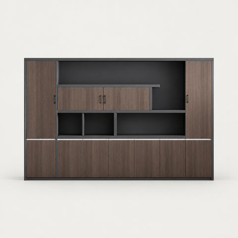 Modern Executive Desk with Cable Management, Side Storage & Lockable for Home Office - 110" L x 16" W x 79" H (File Cabinet) / Red Oak + Dark Gray / Cabinet