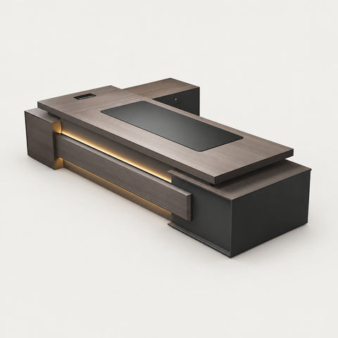 Modern Executive Desk with Cable Management, Side Storage & Lockable for Home Office - 110" L x 63" W x 30" H (Desk) / Brown + Dark Gray / Double Cabinet/Side Cabinet on the Right