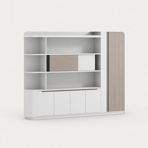 L-Shaped Executive Desk with Cable Management, Dual-Tone & LED Lighting for Home Office - 103" L x 16" W x 83" H File Cabinet / White & Wood Grain / File Cabinet