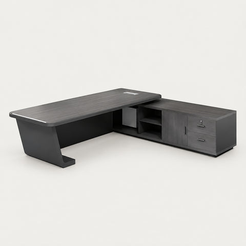 Modern Executive Desk 21-126 in Wide with Side Storage & Walnut for Home Office - 71" L x 71" W x 30" H (Desk) / Long Cabinet on the Right （Viewed from inside）