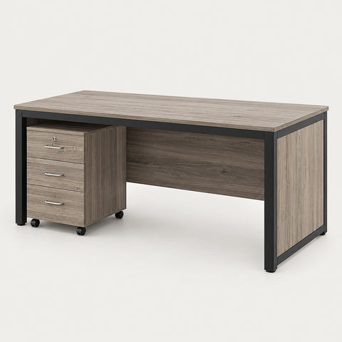 U-Shaped Executive Desk with Cable Management, Lockable & File Drawers for Home Office - 39" L x 24" W x 29" H / Oak + Black Frame / With Cabinet