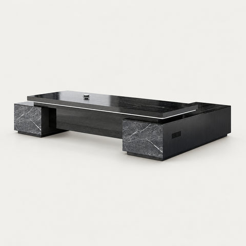 Modern Executive Desk with Cable Management, Side Storage & Marble Top for Home Office - 110" L x 35" W x 30" H (Desk) / Long Cabinet on the Left （Viewed from inside）