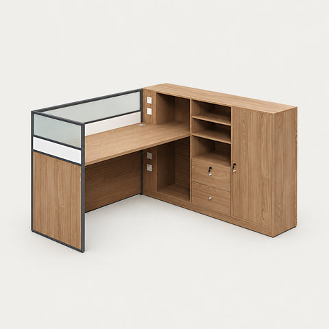 Modern Office Desk with Cable Management, Lockable & File Drawers for Home Office - 55" L x 59" W x 30" H (Desk) / Single Seat