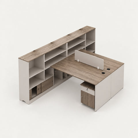 Modern Executive Desk 59-67 in Wide with Cable Management & Side Storage for Home Office - 59"L x 110"W x 43"H / With Cabinet / Two Users