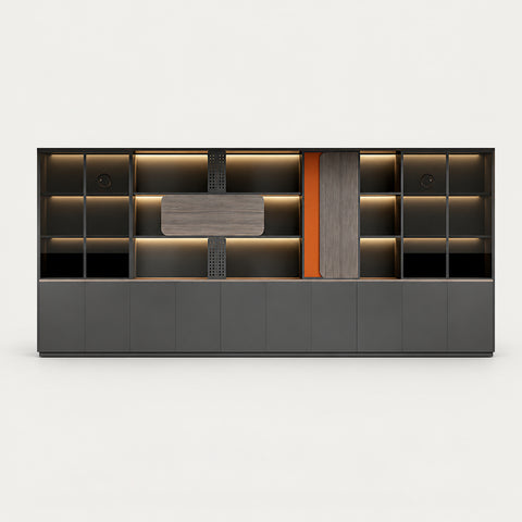Modern Executive Desk 63-157 in Wide with Modular, Curved & LED Lighting for Home Office - 157" L x 16" W x 79" H / Dark Gray