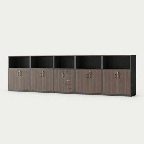 File Cabinet 43 in Tall with Lockable, File Drawers & Modular for Office - 157" L x 16" W x 43" H / Oak + Dark Gray / Nine-Door Three-Drawer Low Cabinet