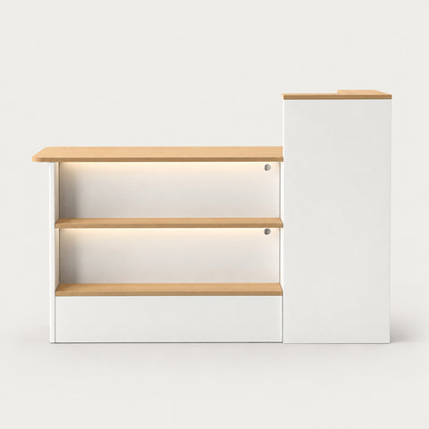 Curved Reception Desk 47-59 in Wide with Cable Management, LED Lighting & File Drawers - 47" L x 20" W x 39" H / White + Natural / Inside View - Left Side Higher