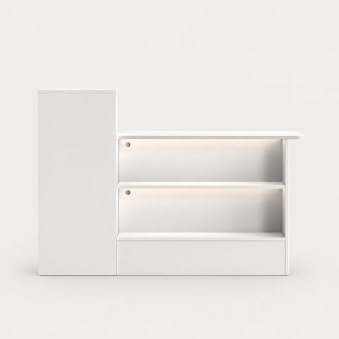 Curved Reception Desk 47-59 in Wide with Cable Management, LED Lighting & File Drawers - 59" L x 20" W x 39" H / White / Inside View - Right Side Higher