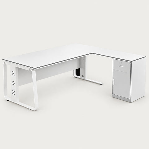 L-Shaped Executive Desk with Built-In Outlets, Cable Management & Priv - 47" L x 55" W x 30" H / White / With Cabinet