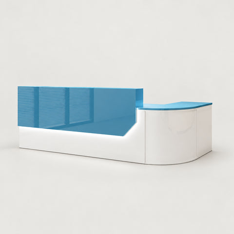 L-Shaped Reception Desk 55-118 in Wide with Lockable & File Drawers for Retail - 110" L x 24" W x 39" H / White + Light Blue / Inside View - Right Side Higher