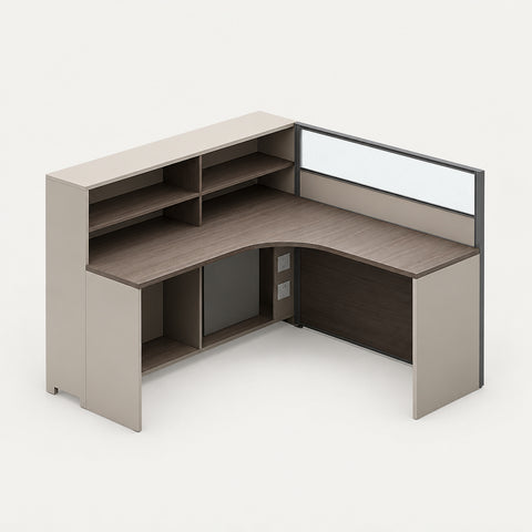 L-Shaped Office Desk with Built-In Outlets, Cable Management & Glass Top for Home Office - 59" L x 55" W x 43" H / Light Gray / Single Seat / Left Side Cabinet / Without Cabinet