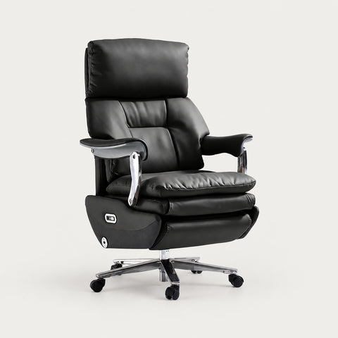 Leather Executive Office Chair with L-Shaped, Genuine Leather & Lumbar Support - Black / Genuine Leather + Electric + Lumbar Massage