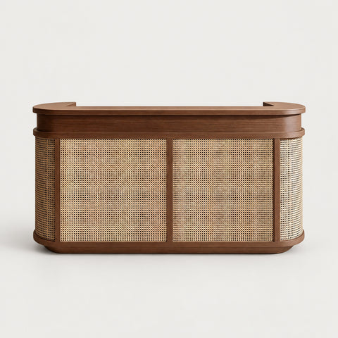 Curved Reception Desk 39-118 in Wide with Rattan, Keyboard Tray & File Drawers for Salon - 47" L x 20" W x 39" H / Walnut