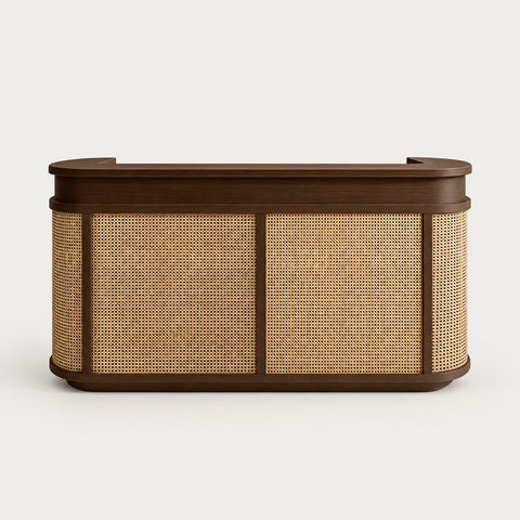 Curved Reception Desk 39-118 in Wide with Rattan, Keyboard Tray & File Drawers for Salon - 39" L x 20" W x 39" H / Dark Coffee + Light Rattan