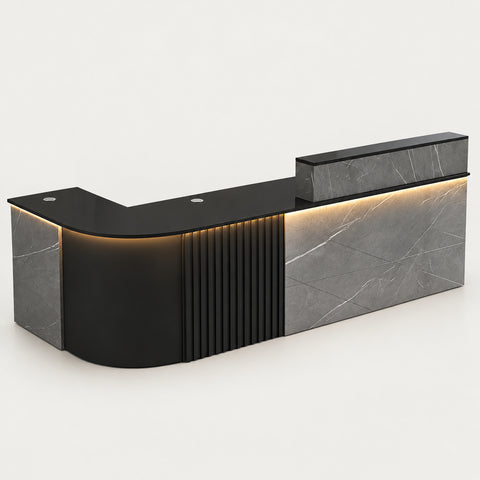 L-Shaped Reception Desk 47-150 in Wide with Keyboard Tray, Lockable & Transaction Counter - 47" L x 24" W x 39" H / Gray Textured + Black / Inside View - Right Corner