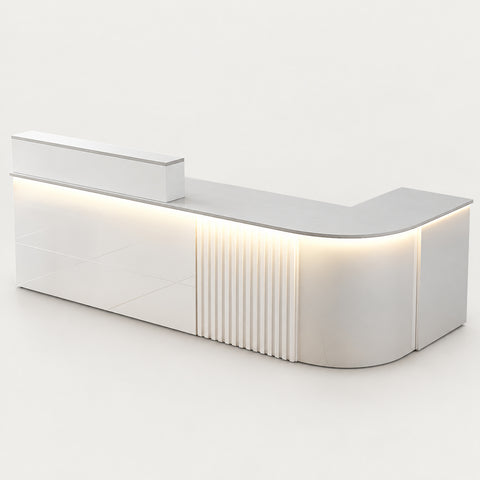 L-Shaped Reception Desk 47-150 in Wide with Keyboard Tray, Lockable & Transaction Counter - 71" L x 24" W x 39" H / White + Light Gray / Inside View - Left Corner