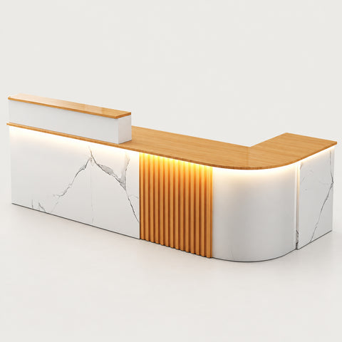 L-Shaped Reception Desk 47-150 in Wide with Keyboard Tray, Lockable & Transaction Counter - 87" L x 24" W x 39" H / White Textured + Natural / Inside View - Left Corner