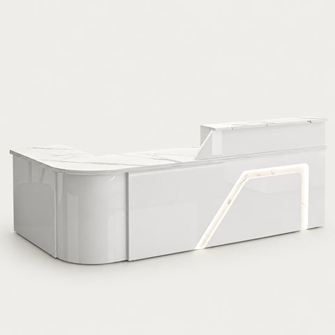 L-Shaped Reception Desk 63-94 in Wide with Keyboard Tray, File Drawers & Lockable - 79" L x 24" W x 39" H / White + Marble Pattern / Corner on the right