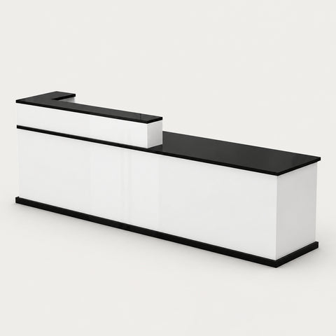 Curved Reception Desk with Keyboard Tray, File Drawers & LED Lighting for Hotel Lobby - 94" L x 24" W x 39" H / White + Black / Inside View - Right Side Higher