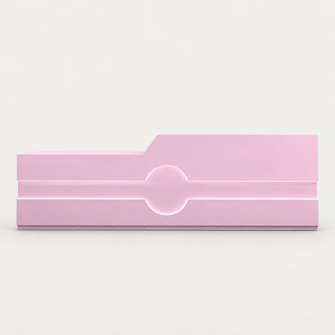 Modern Reception Desk with Cable Management, Fluted Front & LED Lighting for Office Lobby - 47" L x 24" W x 39" H / Pink / Inside View - Left Side Higher