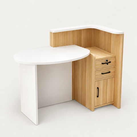 Oval Reception Desk 39-55 in Wide with Lockable & File Drawers for Salon - 47" L x 24" W x 39" H / Light Yellow + White / Inside View - Right Side Higher