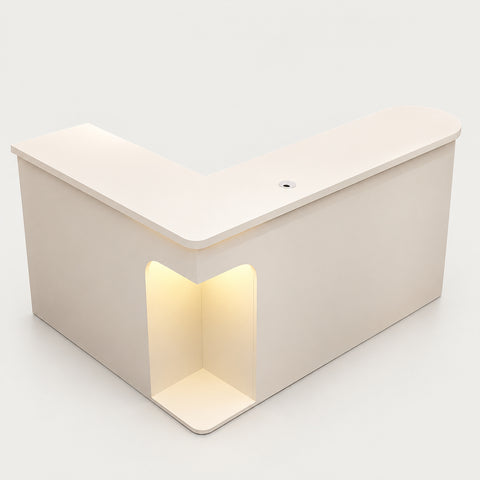 L-Shaped Reception Desk 59-79 in Wide with Cable Management, LED Lighting & File Drawers - 79"L x 43" W x 35" H / Beige / Corner on the Right