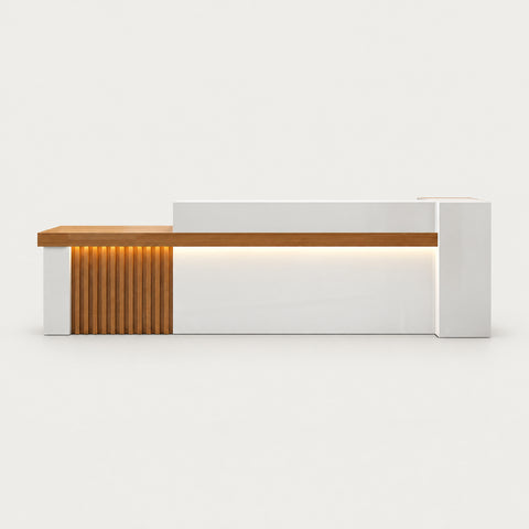 Retail Reception Desk 55-87 in Wide with Cable Management, Solid Wood & File Drawers - 79" L x 24" W x 39" H / Wood Grain + White / Higher Left Side