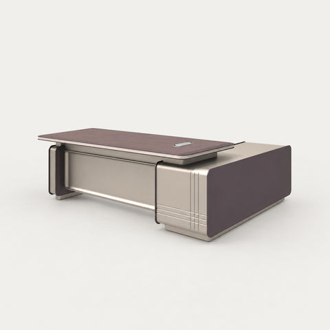 L-Shaped Desk with Built-In Outlets, Cable Management & LED Lighting - 79" L x 66" W x 30" H Desk / Champagne Gold + Gray / Desk with Left Cabinet