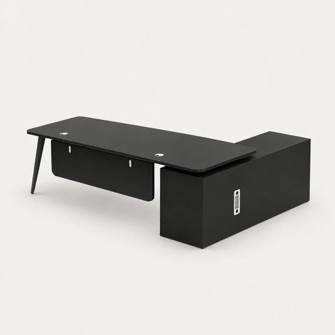 Modern Executive Desk with Side Storage, Curved & Cable Management for Home Office - 71"L x 31" W x 30" H (Desk) / Long Cabinet on the Left （Viewed from inside） / Black