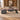 Rose marble and charcoal left-return executive desk in an office, front view