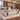 Gray and cream executive desk with left side storage in a furnished office, 45-degree view