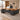 Front-right 45-degree view of honey walnut and charcoal executive desk